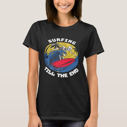 T-shirt Surf Big Wave Skeleton Sur Surfboard Retro Sunse (Devant)