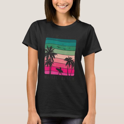T-shirt Surfing Waikiki Beach Hawaiian Sunset Palm Tree Su (Devant)
