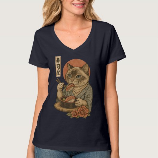 T-shirt Sushi Cat – Elegant Japanese Style Cat Eating Sush (Devant)