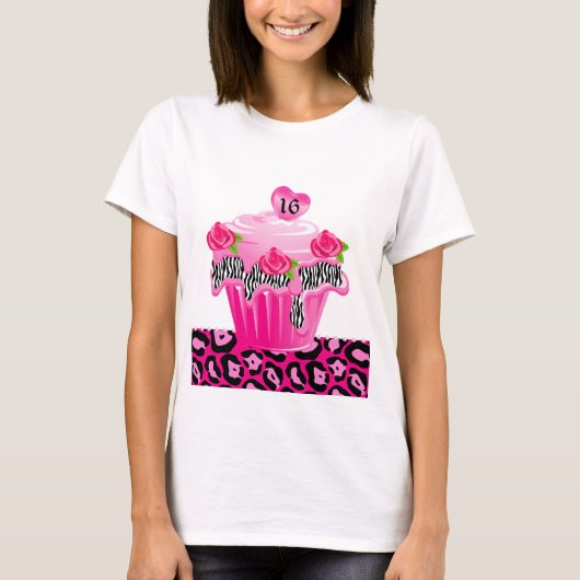 T-shirt Sweet 16 Cupcake Zebra Rose Leopard rose (Devant)