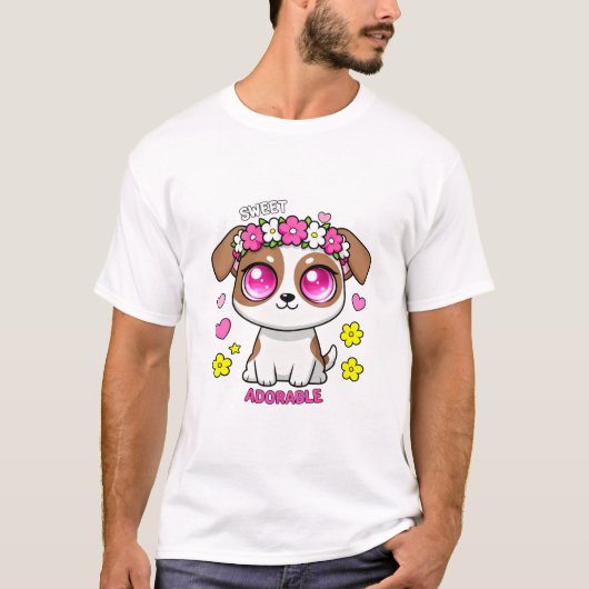 T-shirt Sweet Adorable Puppy Dog with Flower Crown (Devant)