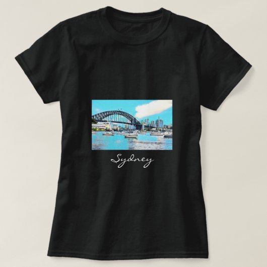 T-shirt Sydney Harbour Bridge bleu ciel avec yachts (Design devant)