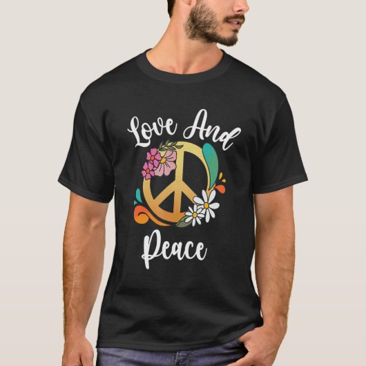 T-shirt Symbole de Paix Rétro Amour Et Paix Avec Fleurs 2 (Devant)