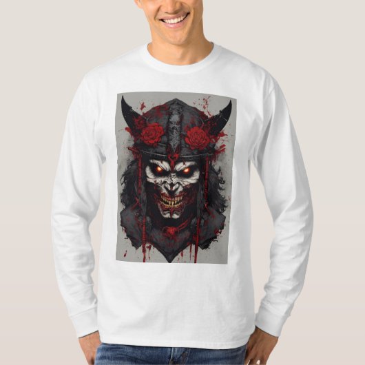 T-shirt Symboles sataniques, visage zombie samouraï en col (Devant)