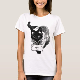 T-shirt Sympathique Siamese Chat Holding, "I Love You"