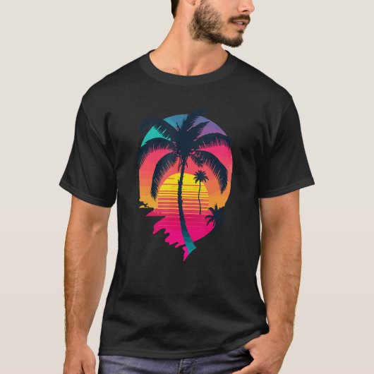 T-shirt Synth Island Sunset Synthwave Aesthetic Palm Tree  (Devant)