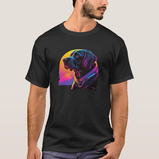 T-shirt Synthwave à glitch Labrador noir esthétique (Devant)
