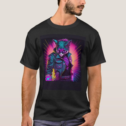 T-shirt Synthwave Cat Retro 80s Vibe (Devant)