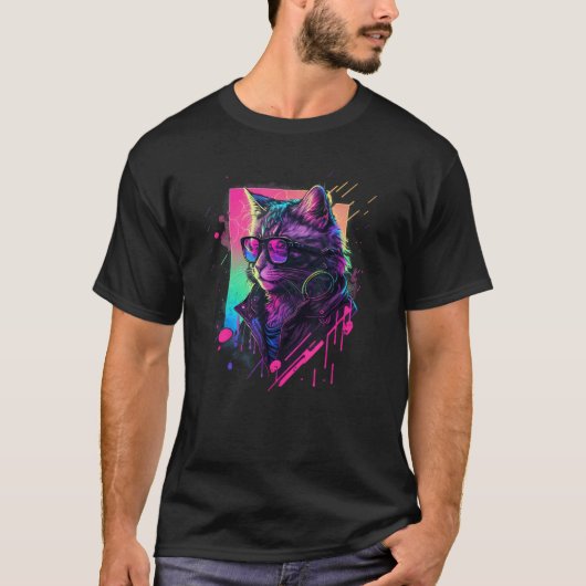 T-shirt Synthwave Chat esthétique Vaporwave Cat 90s Rétro (Devant)