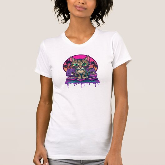 T-shirt Synthwave DJ Cat (Devant)