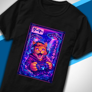 T-shirt Synthwave Japonais Sci-Fi UFO Chat Cool Joueur