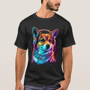 T-shirt Synthwave Retrowave Corgi Chien avec Écouteurs Rét