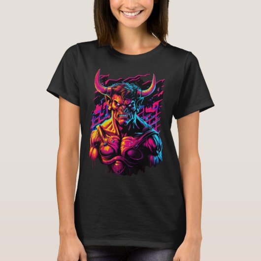 T-shirt Synthwave Retrowave Minotaur Colorful Creature Gra (Devant)