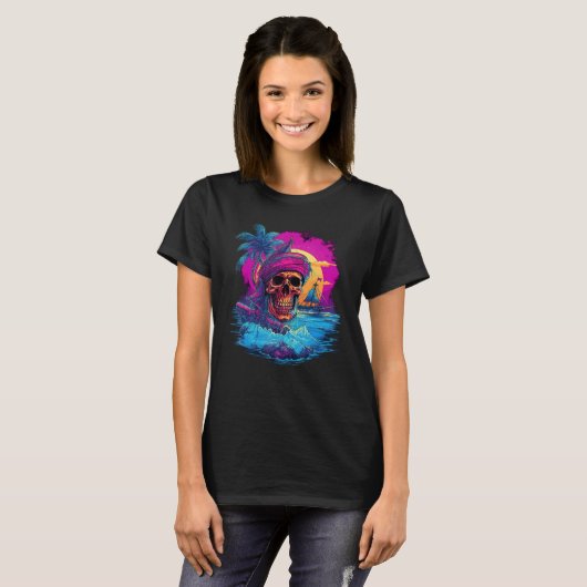T-shirt Synthwave Shipwreck Synth Inspiré Pirate Crâne (Devant entier)