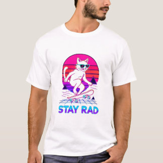 T-shirt Synthwave Skateboarding Cat – Retro Neon “Stay Rad