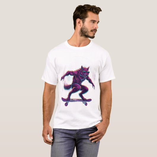 T-shirt Synthwave Werewolf Skateboarder (Devant entier)