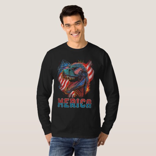 T-shirt T Rex Dinosaur 4th of July American Flag USA Ameri (Devant entier)