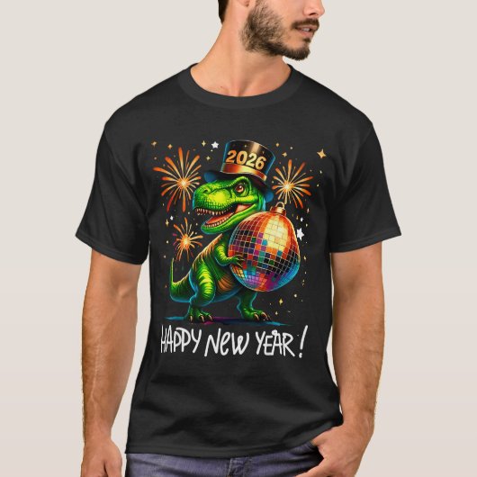 T-shirt T Rex Happy New Year 2026 Disco Ball Fireworks Tee (Devant)