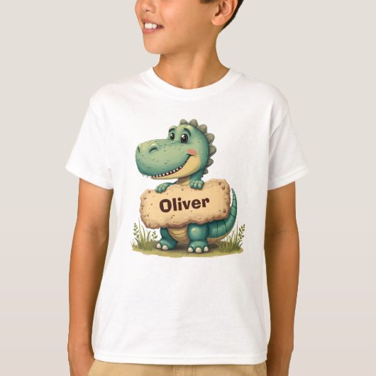 T-shirt T-Rex Joueur avec panneau de nom de pierre (Devant)