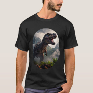 T-shirt T-Rex standing before a rugged mountain range