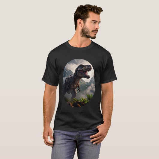 T-shirt T-Rex standing before a rugged mountain range (Devant entier)