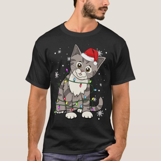 T-shirt Tabby Chat Flammes de Noël Chat Noël Chapeau (Devant)