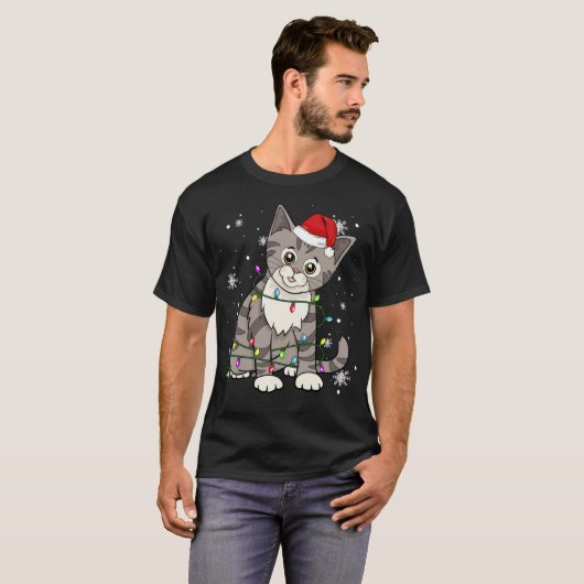 T-shirt Tabby Chat Flammes de Noël Chat Noël Chapeau (Devant entier)