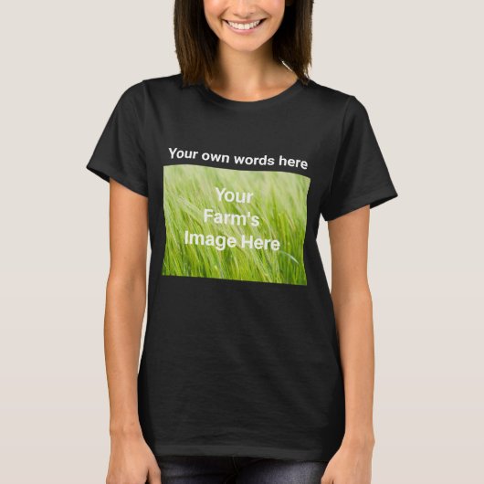T-shirt taille adulte, noir, image de votre ferme et texte (Devant)