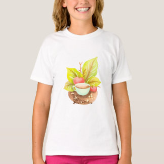 T-shirt Tasse de café à l'aquarelle avec feuilles et art d