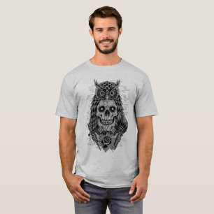 T-shirt Tatouage de rose de hibou de crâne gris