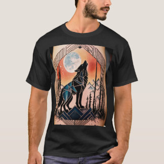T-shirt Tatouage géométrique du loup avec paysage nocturne