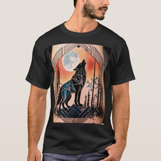 T-shirt Tatouage géométrique du loup avec paysage nocturne (Devant)