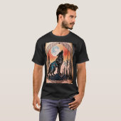 T-shirt Tatouage géométrique du loup avec paysage nocturne (Devant entier)