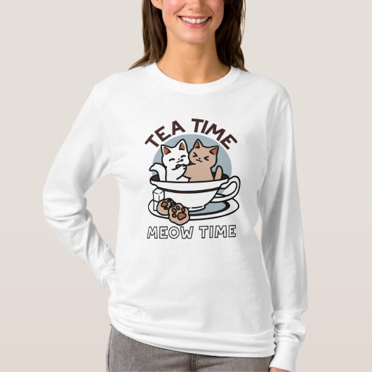 T-shirt Tea Time Meow Time - Cute Cat and Tea Design (Devant)
