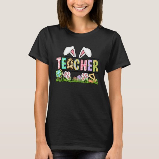 T-shirt Teacher Bunny Ears Leopard Pink Plaid Rabbit Eggs (Devant)
