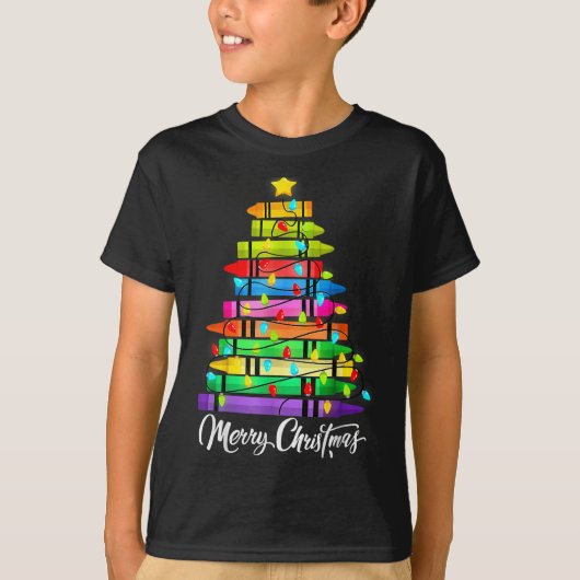 T-shirt Teacher Crayon Merry Christmas Tree Lights School (Devant)