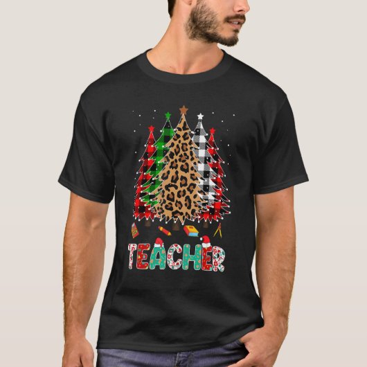 T-shirt Teacher Leopard Red White Green Plaid Christmas Tr (Devant)