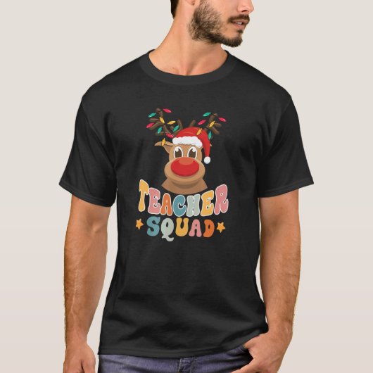 T-shirt Teacher Squad Reindeer Santa Hat Lights Christmas  (Devant)