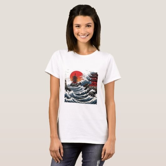 T-shirt Temple Wave Art - Ukiyo-e Japanese Sunset Design (Devant entier)