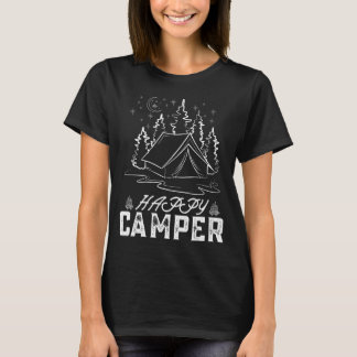 T-shirt Tente de campeur heureux rétro forêt de pins lune 