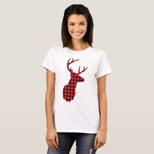 T-shirt Tête de cerf avec Antlers - Rouge Plaid Rustique