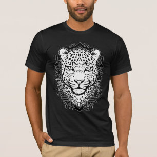 T-shirt Tête de Léopard Exotique Art Linéaire Noir et Blan