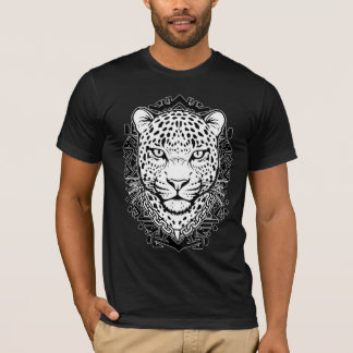 T-shirt Tête de Léopard Exotique Art Linéaire Noir et Blan