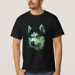 T-shirt Tête de portrait Husky Sibérien Avec Yeux Bleus