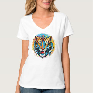 T-shirt Tête de tigre couleurs arc-en-ciel peinture taches