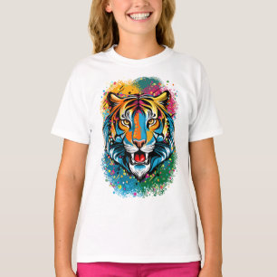 T-shirt Tête de tigre couleurs arc-en-ciel peinture taches