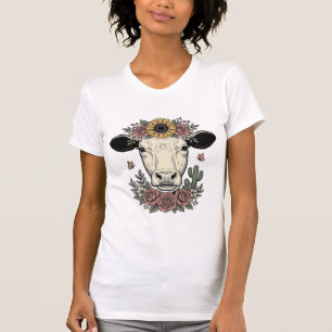 T-shirt Tête de vache florale dessin vintage gravure Desig