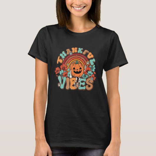 T-shirt Thankful Vibes Pumpkin Autumn Fall Thanksgiving Gr (Devant)