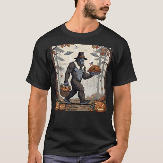 T-shirt Thanksgiving Bigfoot UFO Funny Sasquatch Turkey (Devant)