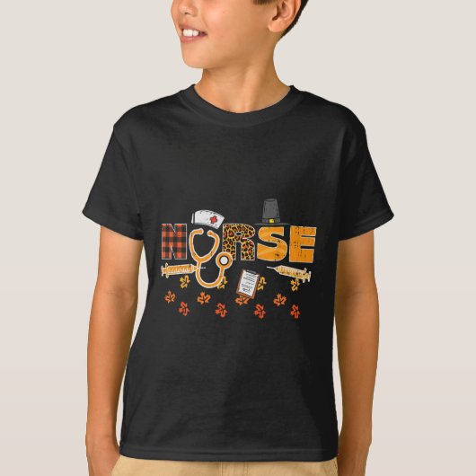 T-shirt Thanksgiving Leopard Plaid Nurse Scrub d'automne T (Devant)